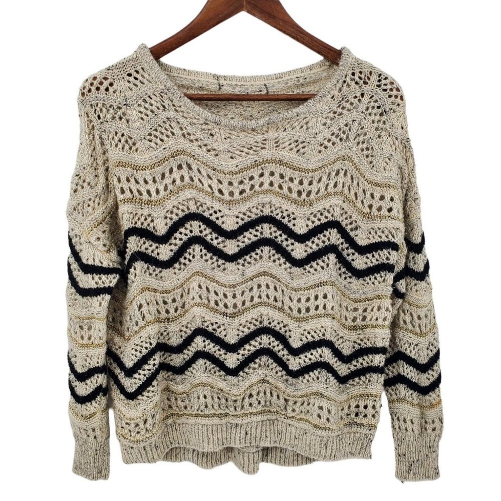 Womens Oversized Pullover Eyelet Sweater Sz S/M‎ Chevron Print Long Sleeve Tan